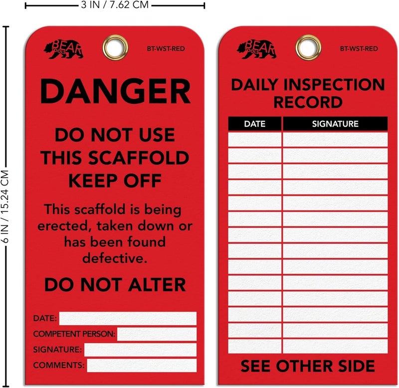 BearTOOLS Scaffold Tags - Safety Inspection Kit with Cable Ties - Danger Scaffold Status Warning Sign - Laminated 3 x 6 in, Pack of 25 - Weatherproof, Tear-Resistant - Red Tags - Image 2